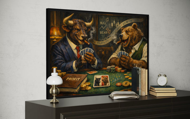 A framed canvas print of a bull and bear playing poker hangs above a dark wood dresser.