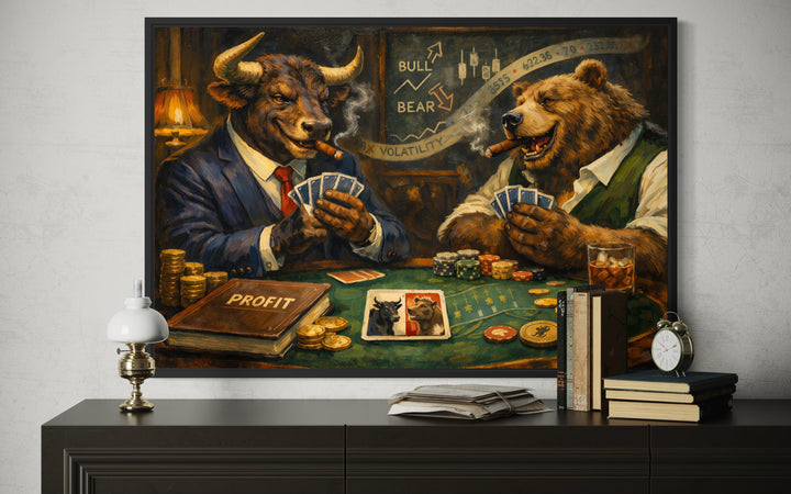 Framed canvas print of a bull and bear in suits playing poker with stock market symbols.