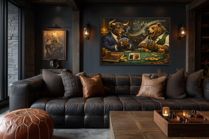 Bull and bear poker-themed canvas print displayed in a dark, modern living room with leather seating.