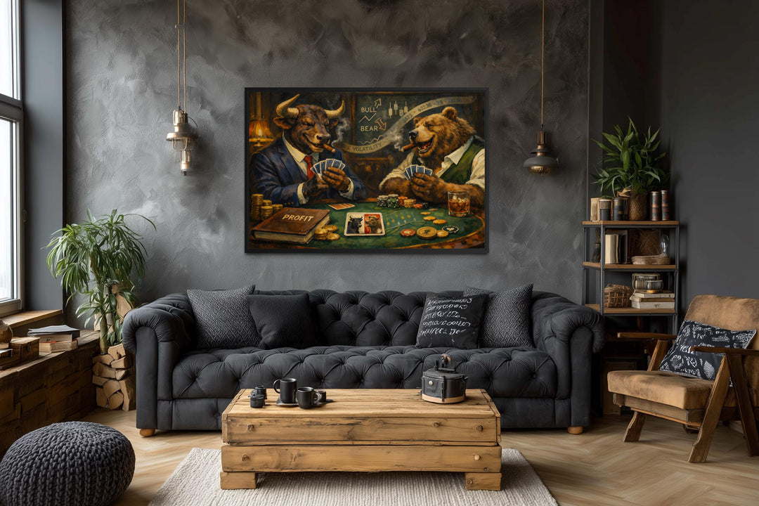 Bull and Bear Wall Art canvas print of a bull and bear playing poker in a modern living room.