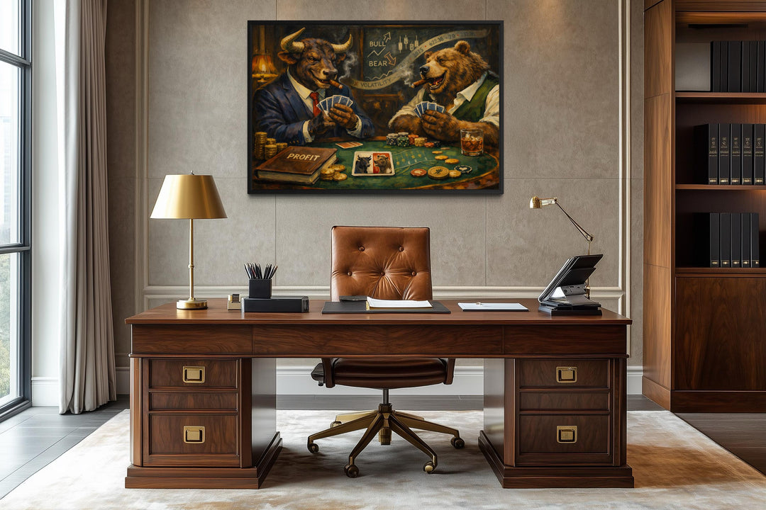Bull and bear wall art canvas print featuring a stock market poker scene above a wooden office desk.