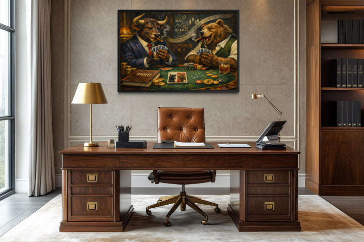 Bull and bear wall art canvas print featuring a stock market poker scene above a wooden office desk.