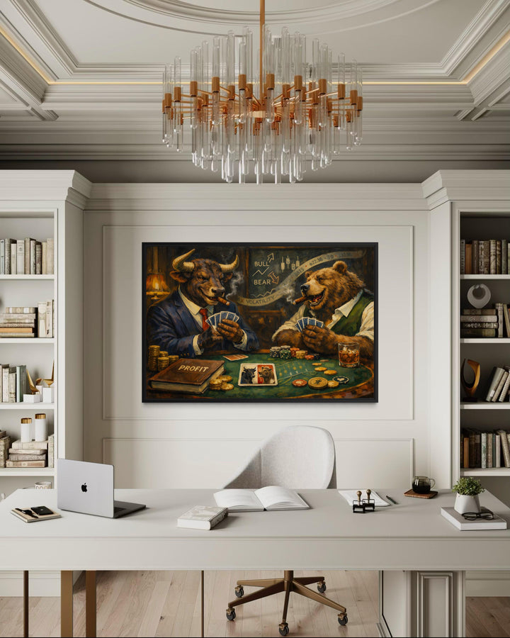 Bull and bear poker wall art in a modern office setting with a white desk and bookshelves.