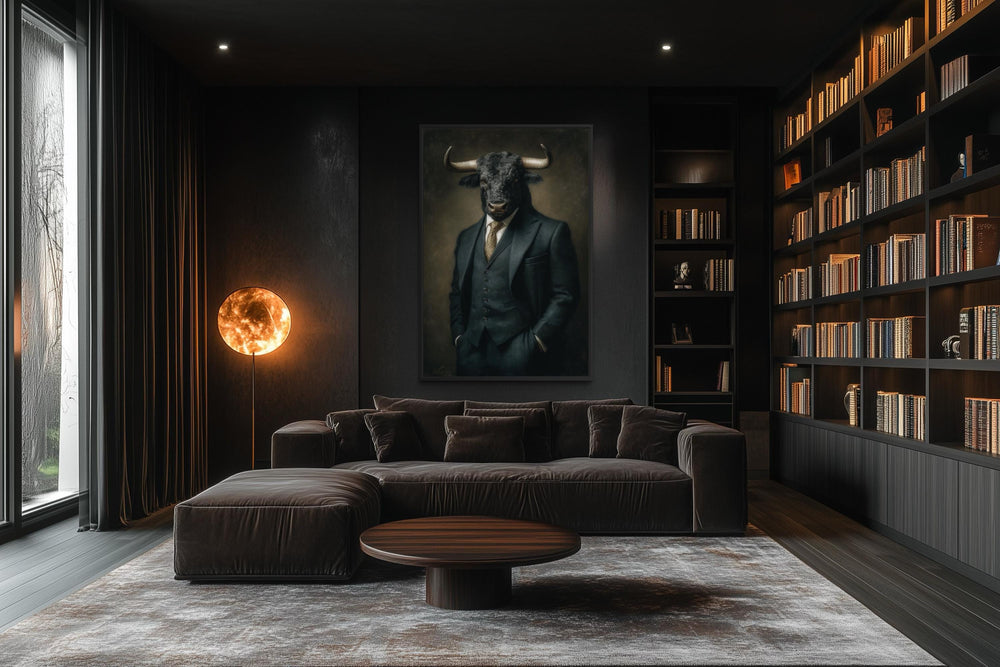 A framed canvas print of a bull in a dark suit hanging in a modern, moody office library.