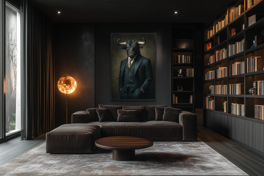 A framed canvas print of a bull in a dark suit hanging in a modern, moody office library.