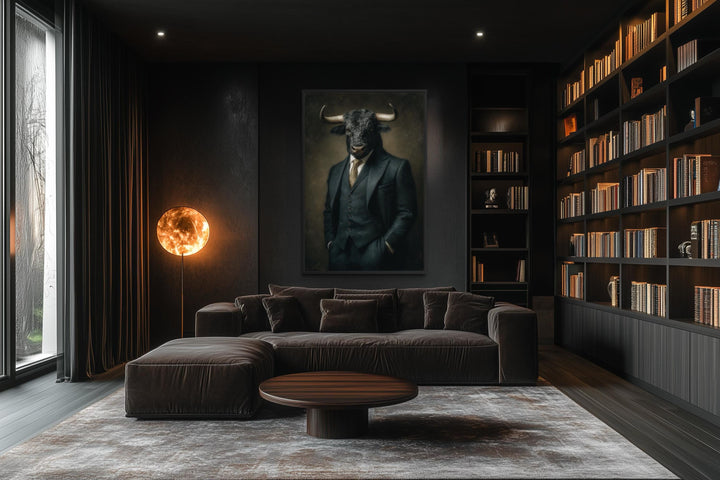 A framed canvas print of a bull in a dark suit hanging in a modern, moody office library.