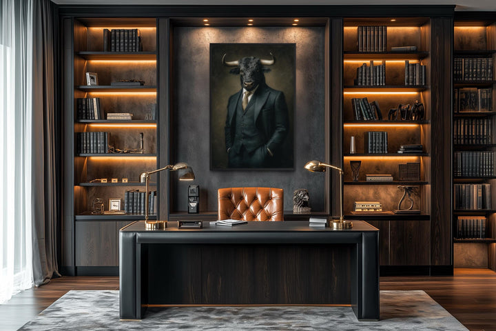 A framed canvas print of a bull in a suit hanging in a dark, modern executive office.