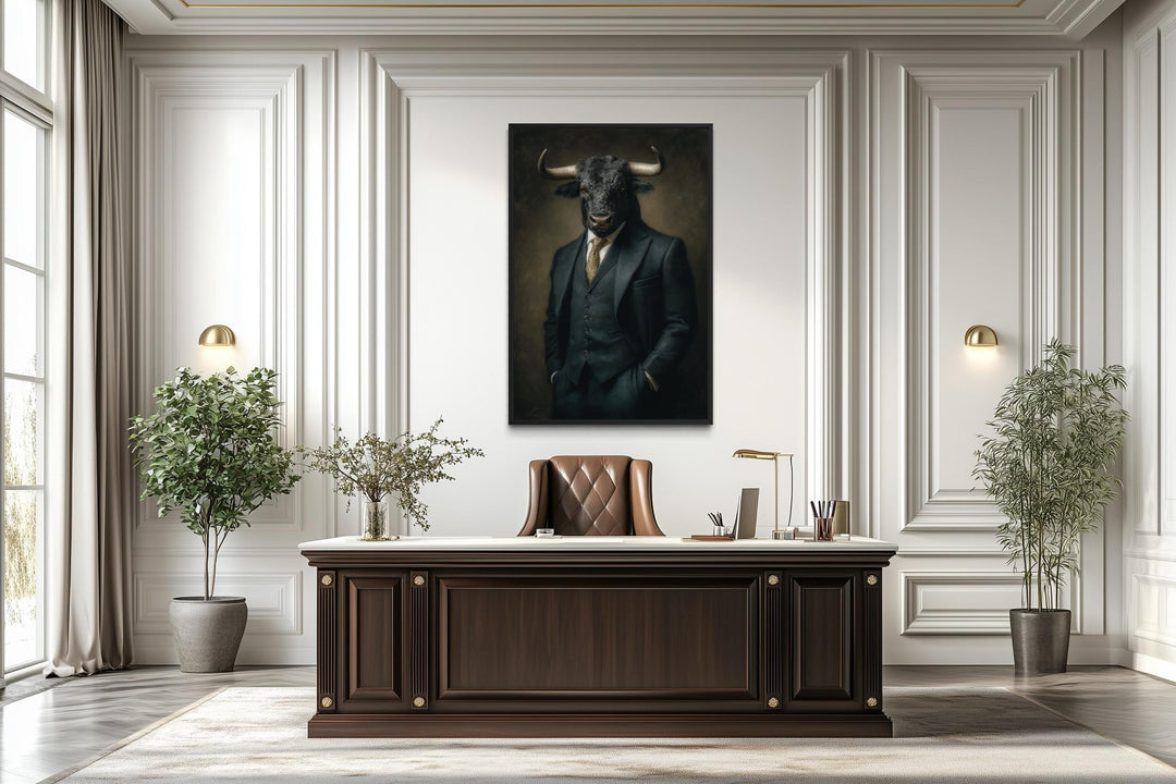 A framed canvas print of a bull in a suit hanging in a modern, professional office setting.