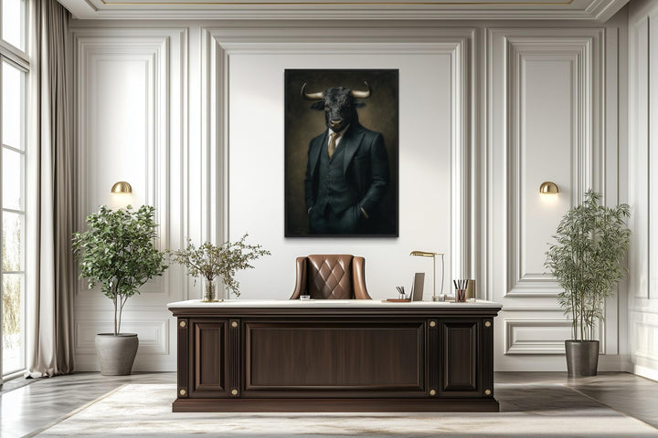 A framed canvas print of a bull in a suit hanging in a modern, professional office setting.