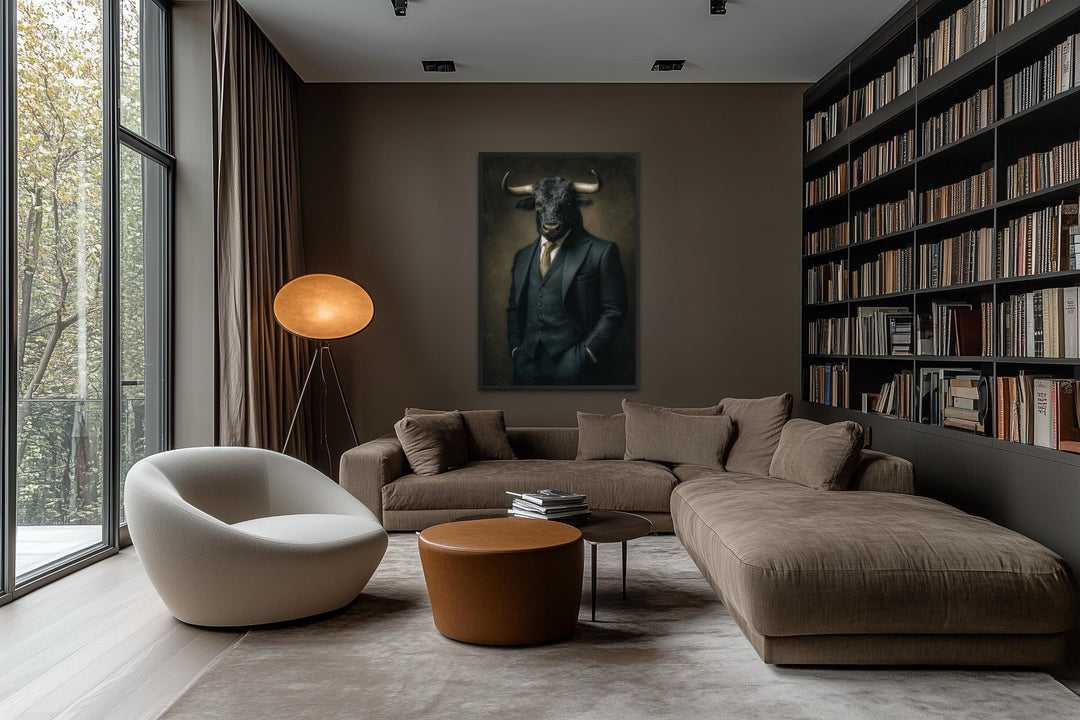 A framed canvas print of a bull in a dark suit hanging in a modern, moody living room.