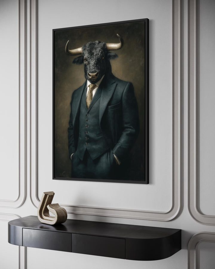 A framed canvas print of a bull in a dark three-piece suit hanging on a classic paneled wall.