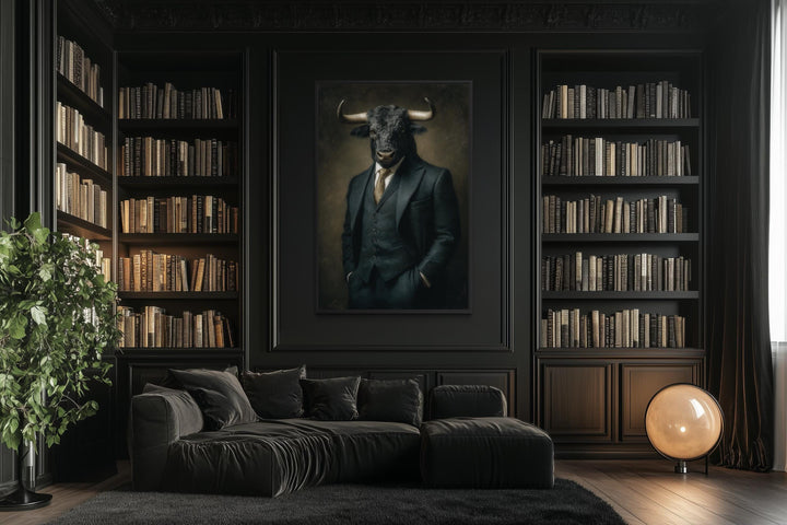 A framed canvas print of a bull in a suit hanging in a dark, modern library with a black sofa.