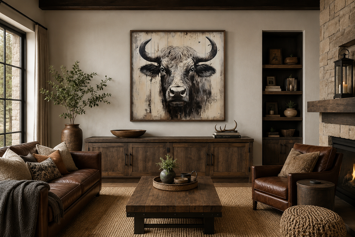 Rustic bull painting on distressed wood framed canvas wall art in a farmhouse living room.