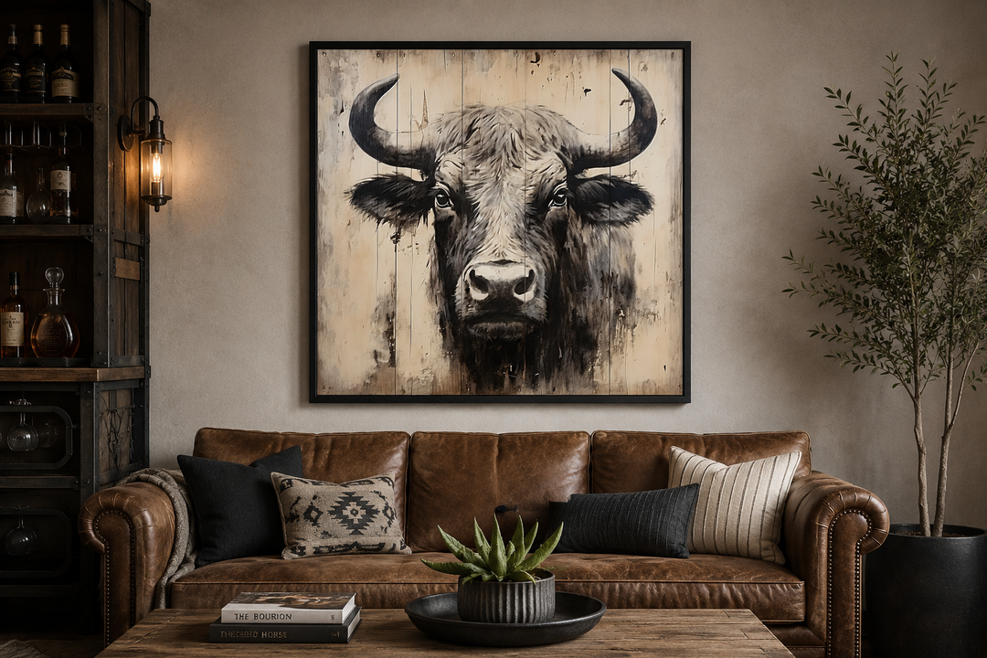 Bull painting on distressed wood rustic framed canvas wall art above a brown leather sofa.