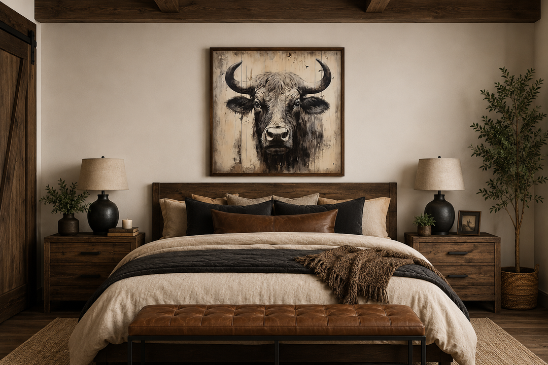 Bull painting on distressed wood rustic framed canvas wall art hanging above a bed in a bedroom.