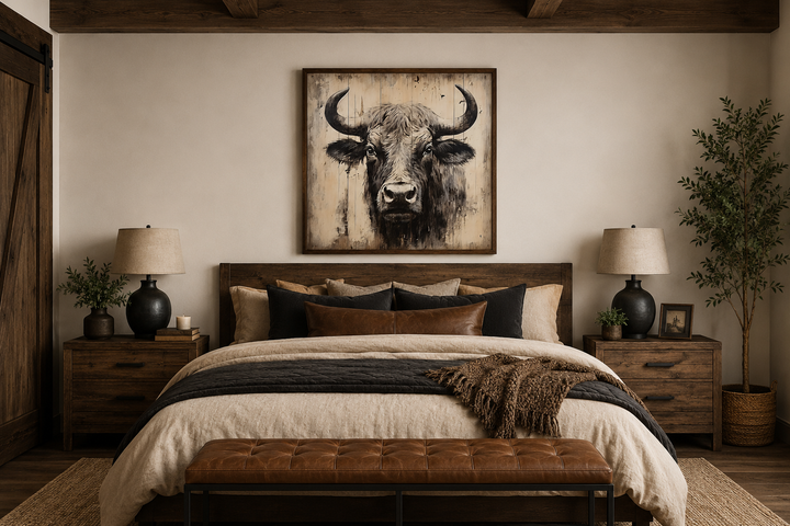 Bull painting on distressed wood rustic framed canvas wall art hanging above a bed in a bedroom.