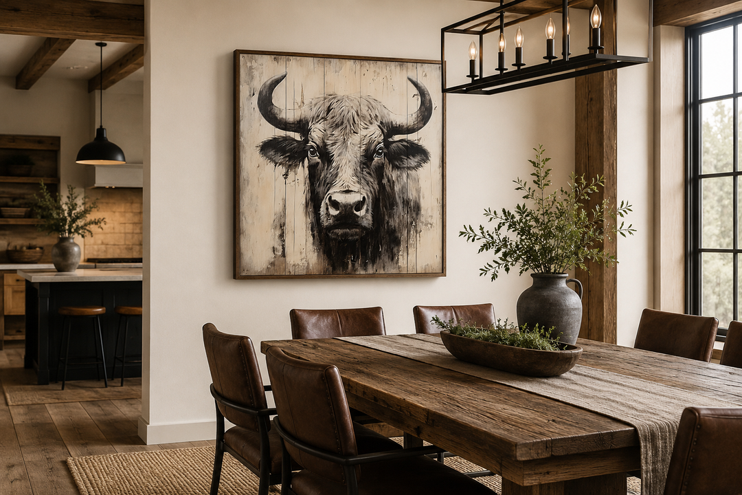 Bull painting on distressed wood rustic framed canvas wall art in a farmhouse dining room.