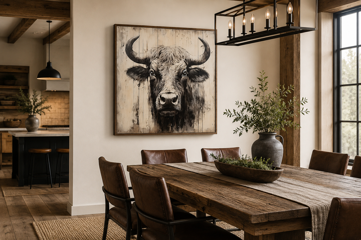 Bull painting on distressed wood rustic framed canvas wall art in a farmhouse dining room.