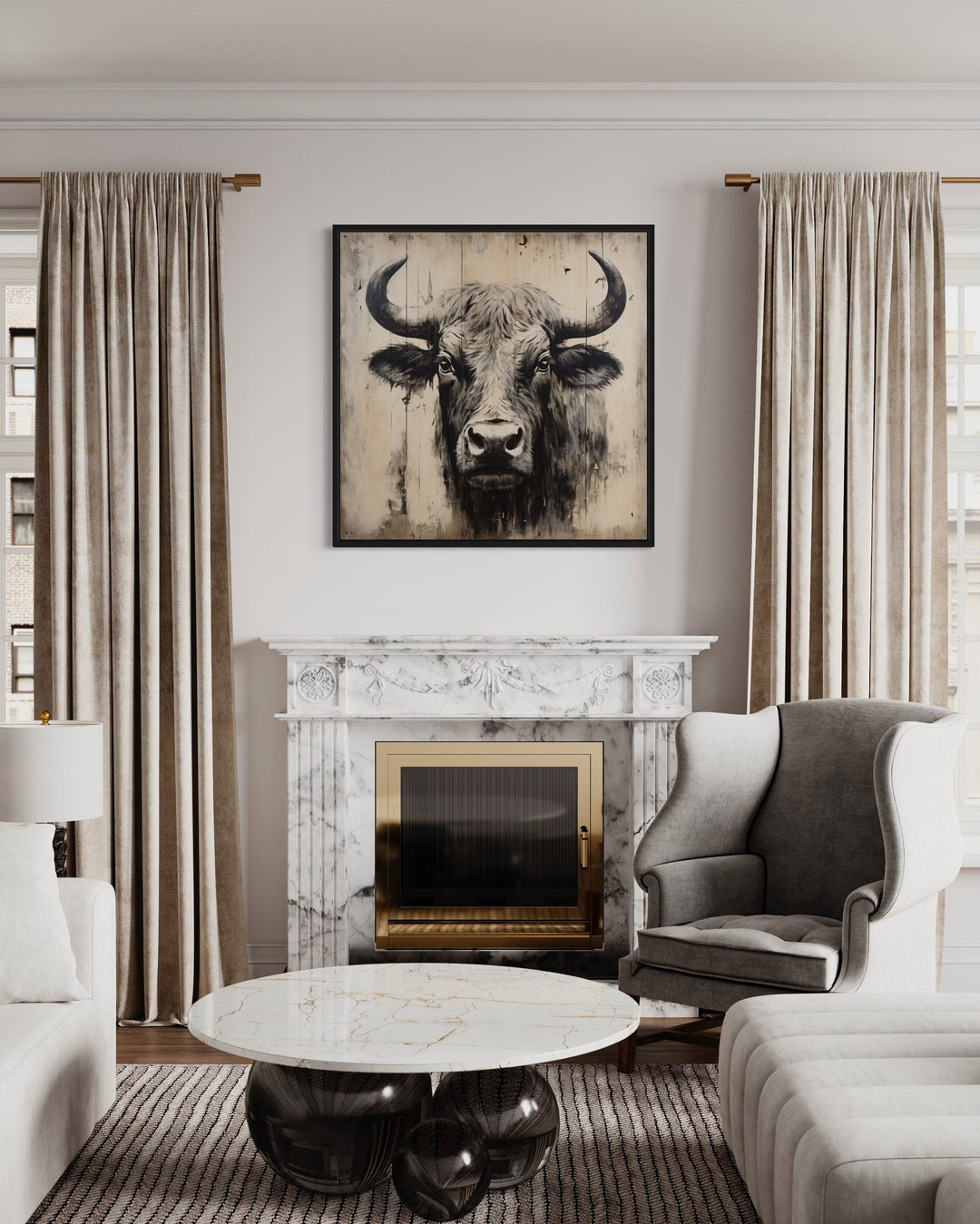 Bull Painting on Distressed Wood Rustic Framed Canvas Wall Art