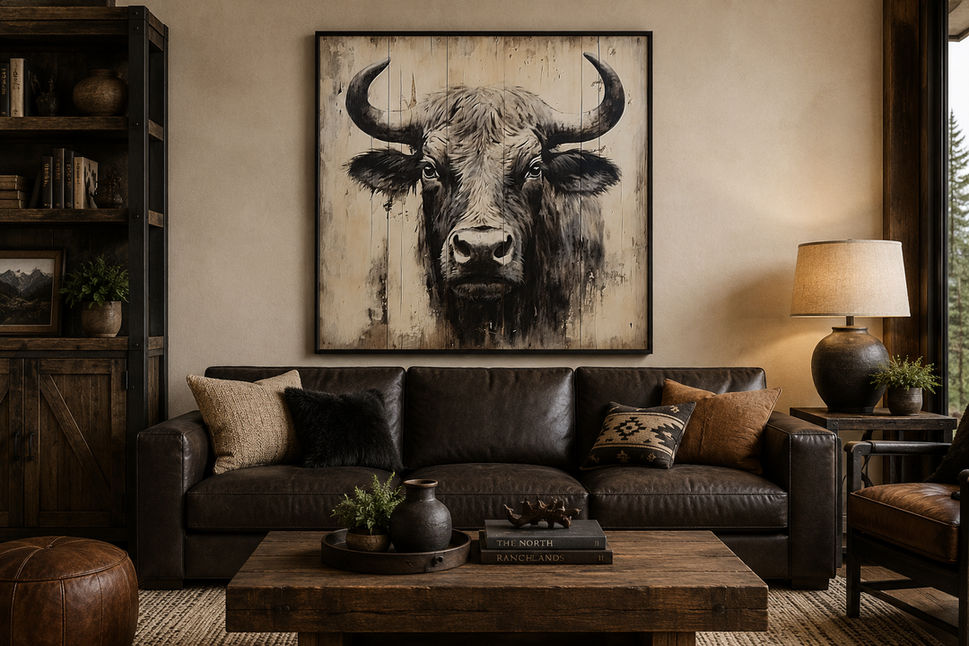 Bull painting on distressed wood rustic framed canvas wall art above a brown leather sofa.
