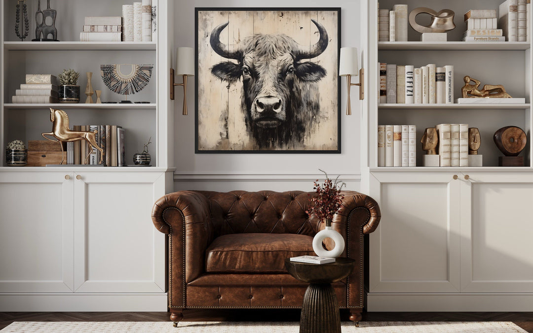 Bull Painting on Distressed Wood Rustic Framed Canvas Wall Art