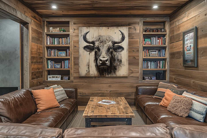 Bull painting on distressed wood rustic framed canvas wall art in a wood-paneled living room.