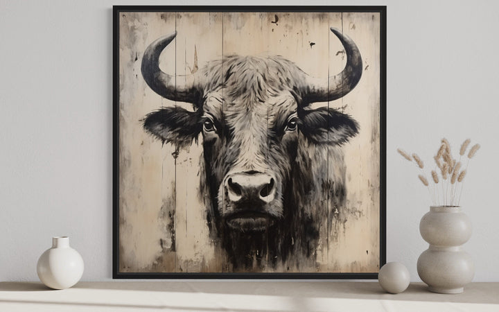 Rustic framed canvas wall art featuring a black and white bull painting on distressed wood.