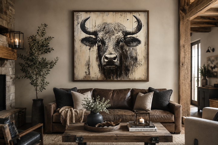 Bull painting on distressed wood rustic framed canvas wall art above a brown leather sofa.