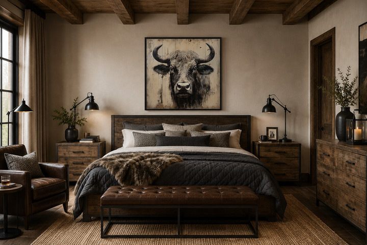Bull painting on distressed wood rustic framed canvas wall art hanging above a bed in a bedroom.