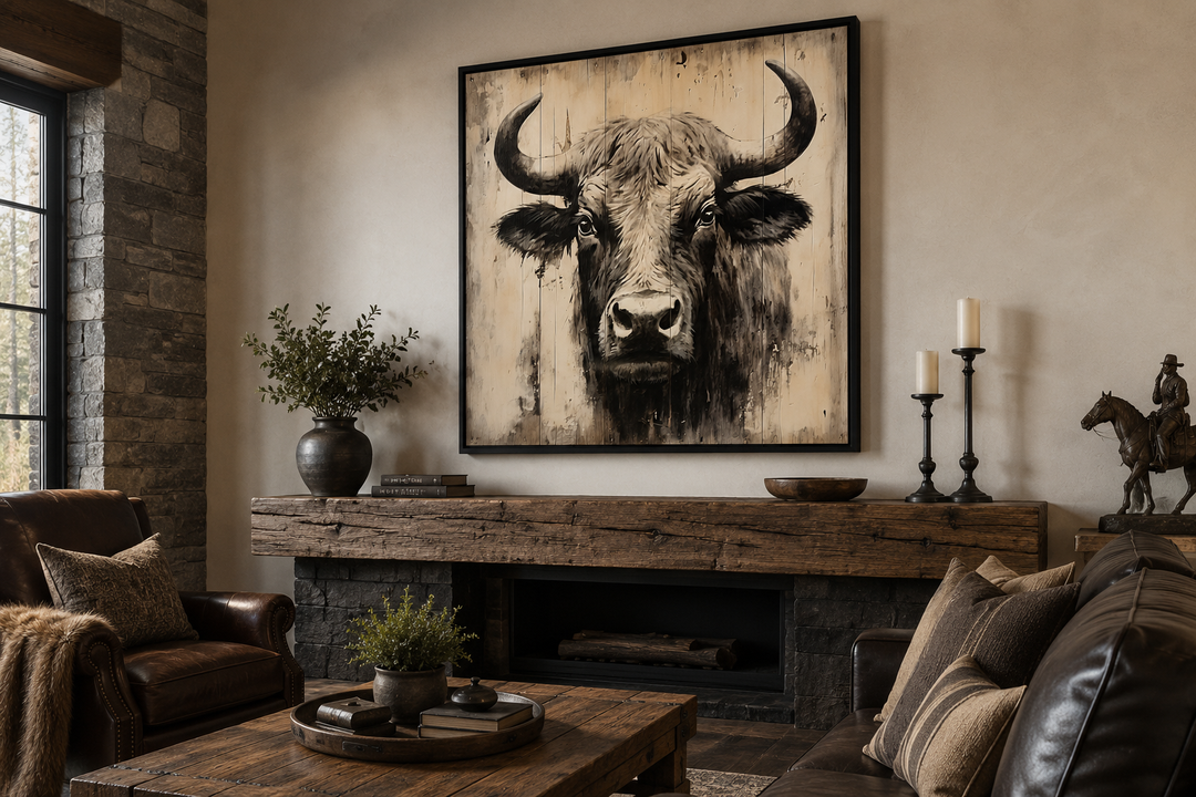 Rustic framed canvas wall art featuring a bull painting on a distressed wood background.