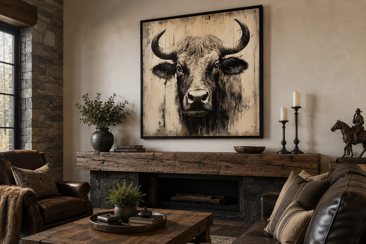 Rustic framed canvas wall art featuring a bull painting on a distressed wood background.