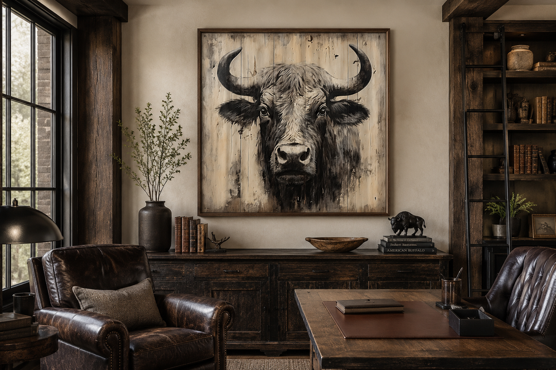 Rustic framed canvas wall art featuring a bull painting on a distressed wood background.