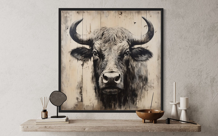 Bull Painting on Distressed Wood Rustic Framed Canvas Wall Art