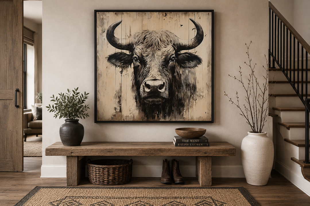 Rustic framed canvas wall art of a bull painting on a distressed wood background in a home entryway.