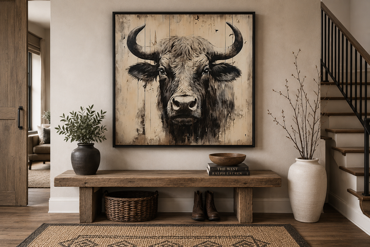Rustic framed canvas wall art of a bull painting on a distressed wood background in a home entryway.