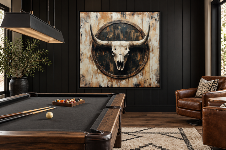 Rustic longhorn skull framed canvas wall art hanging in a dark, modern billiards room.