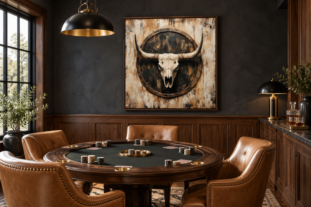 Rustic longhorn skull framed canvas wall art hanging in a dark, wood-paneled poker room.