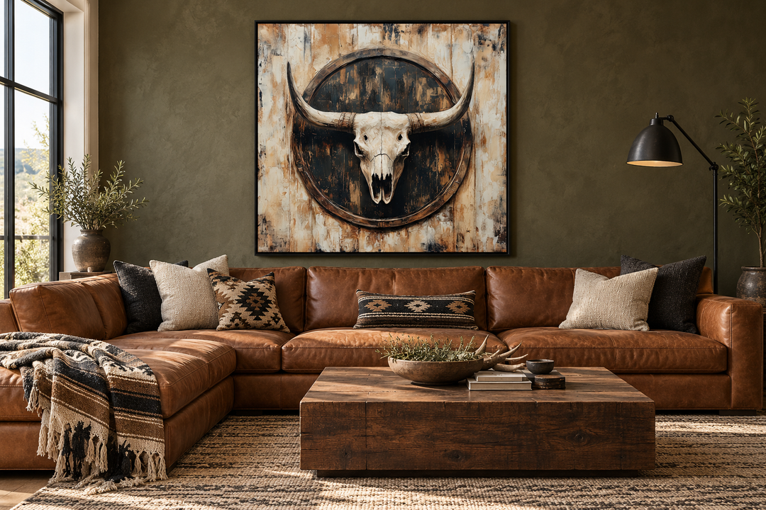Rustic longhorn skull framed canvas wall art hanging above a brown leather sectional sofa.