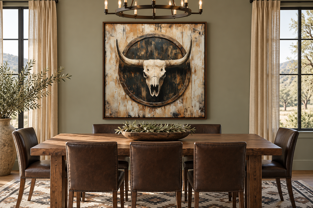 Rustic longhorn skull framed canvas wall art centered above a wooden dining table in a ranch home.