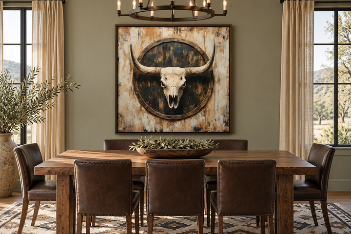 Rustic longhorn skull framed canvas wall art centered above a wooden dining table in a ranch home.