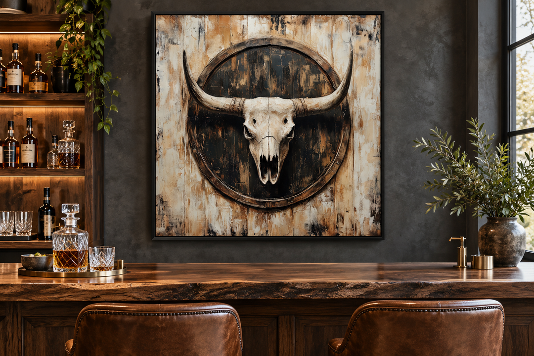 Rustic longhorn skull framed canvas wall art on a dark wall above a wooden home bar.