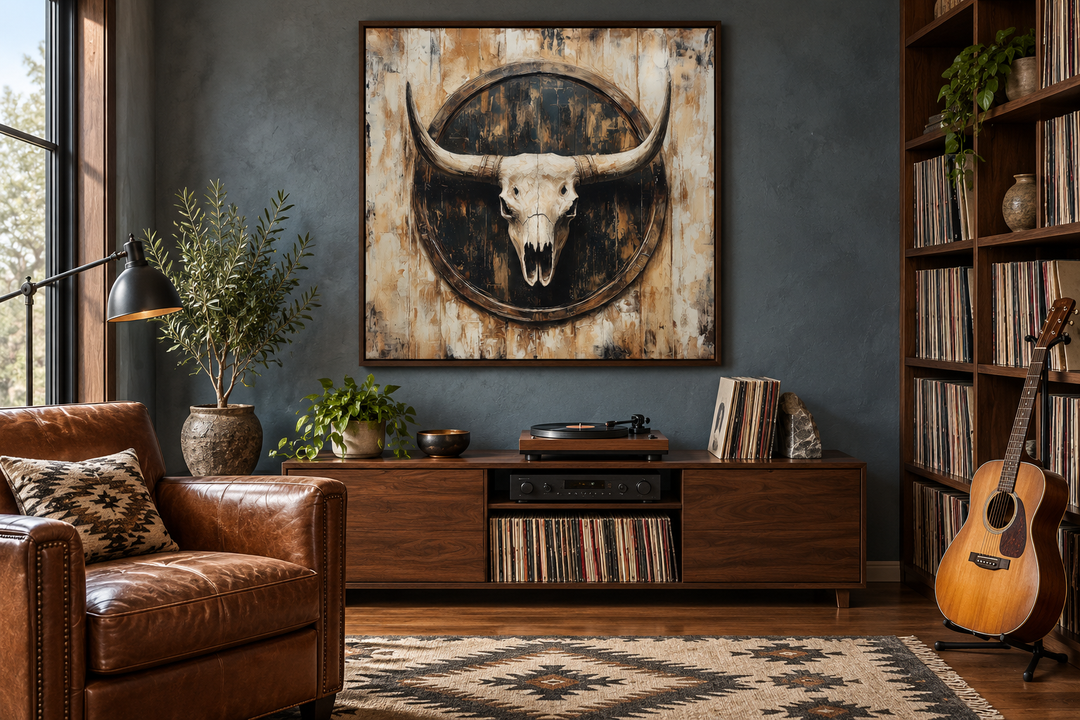 Rustic longhorn skull framed canvas wall art in a Western-style music room with leather furniture.
