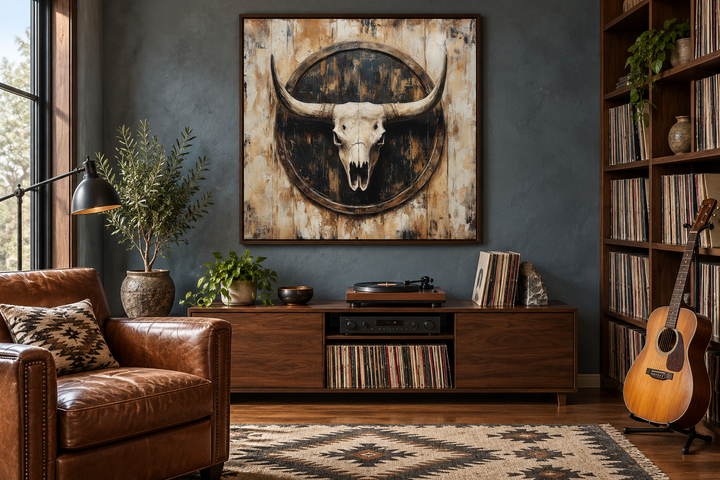 Rustic longhorn skull framed canvas wall art in a Western-style music room with leather furniture.