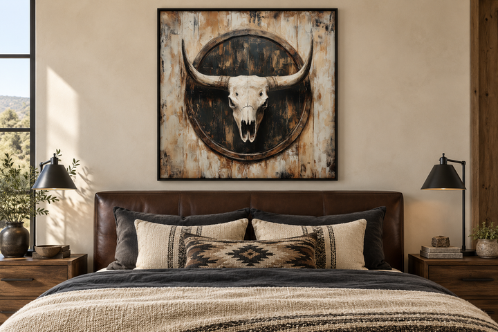 Rustic longhorn skull framed canvas wall art hanging above a bed in a Western-style bedroom.