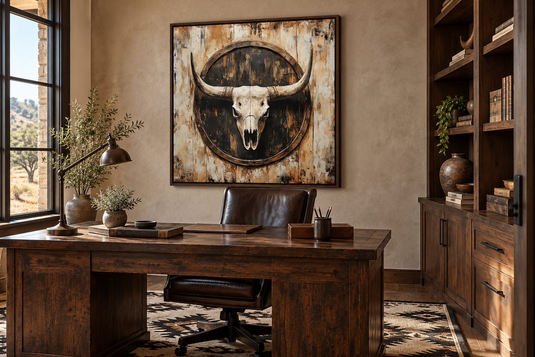 Rustic longhorn skull framed canvas wall art in a western-style home office with a wooden desk.