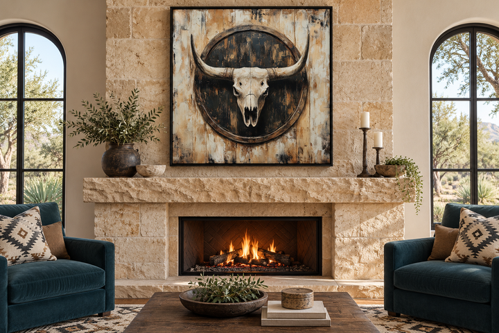 Rustic longhorn skull framed canvas wall art hanging above a stone fireplace in a Western-style den.