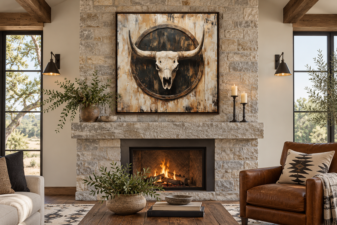 Rustic longhorn skull framed canvas wall art hanging above a stone fireplace in a western living room