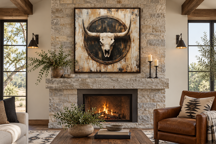 Rustic longhorn skull framed canvas wall art hanging above a stone fireplace in a western living room