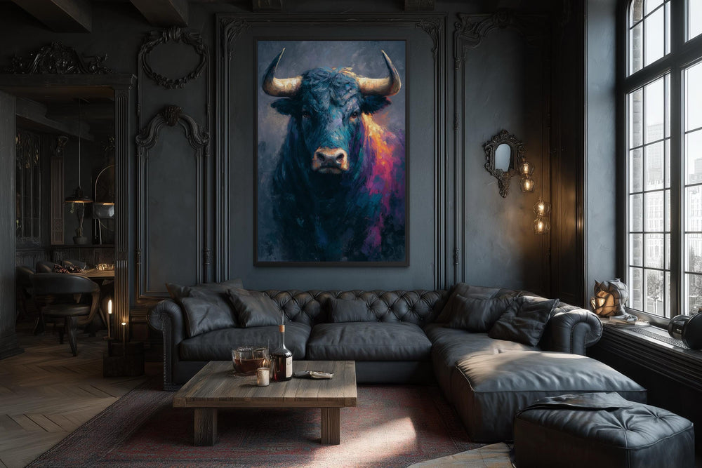 A large, modern canvas painting of a powerful bull hangs in a dark, masculine living room.