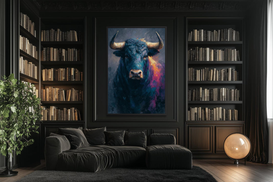 A modern canvas painting of a powerful bull with colorful accents in a dark, sophisticated library.